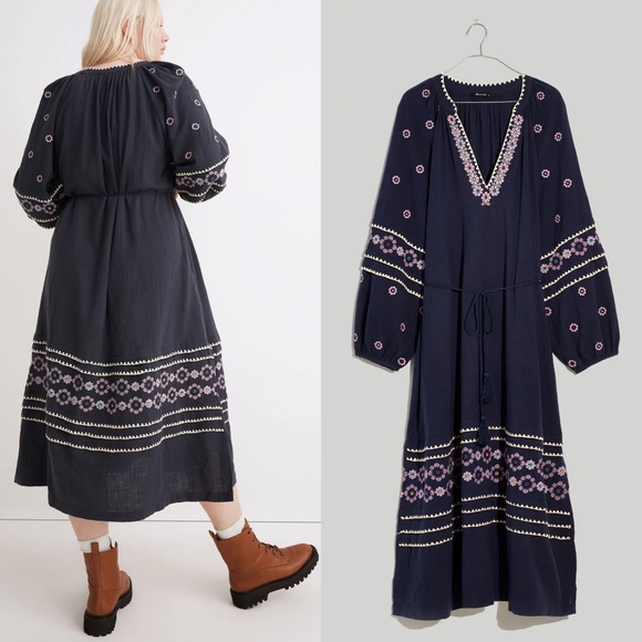 Madewell Embroidered Neck-Tie Midi Dress Floral V-neckline 100% Cotton Bohemian - Picture 2 of 12